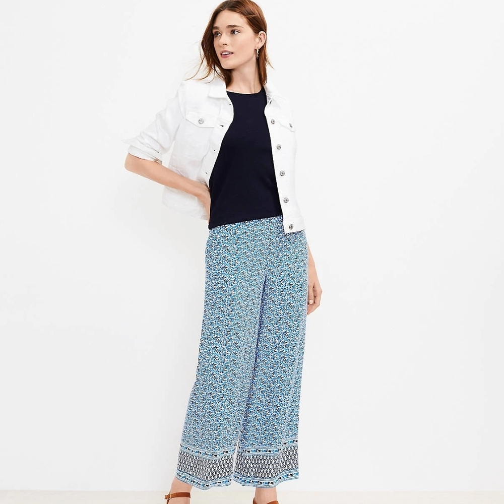LOFT Blue and White Patterned Wide Leg Pants - Picture 2 of 10